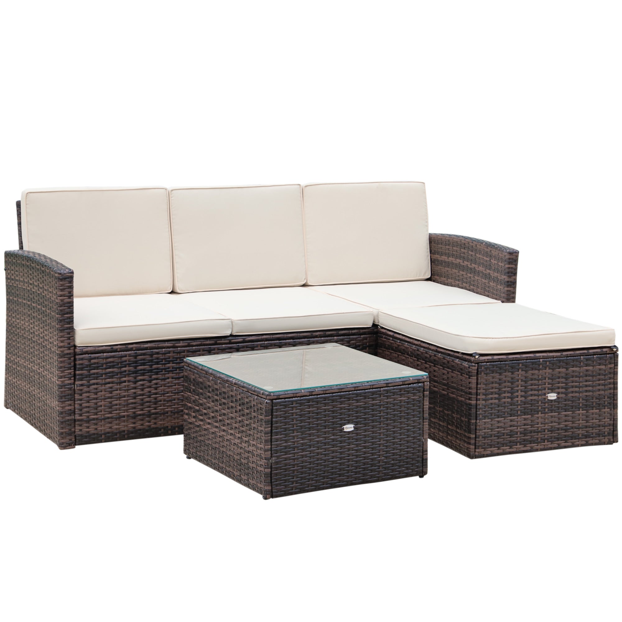 Outsunny 3pc PE Rattan Wicker Set Storage 3-seater Sofa Footstool Table Brown  | TJ Hughes