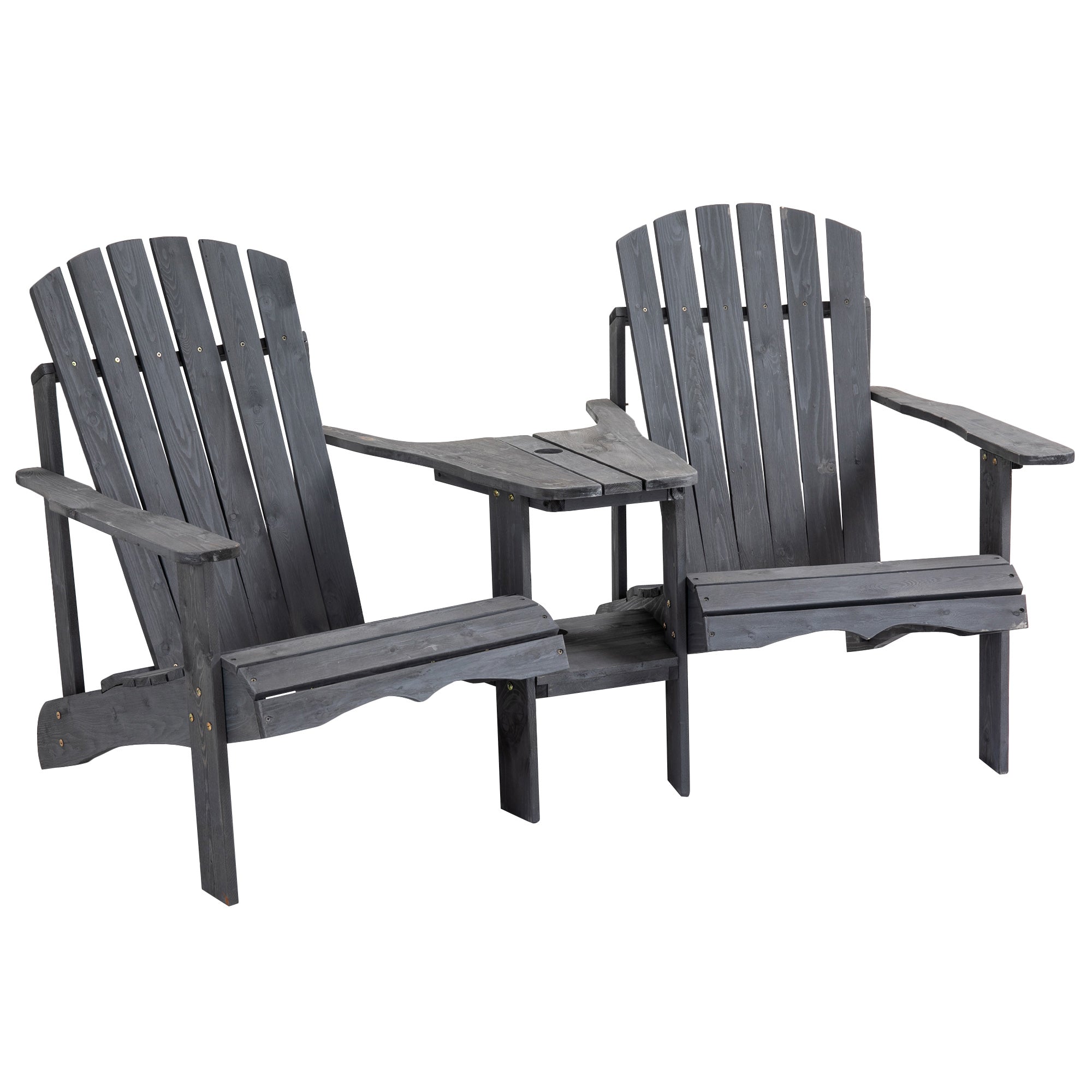 Outsunny Wooden Outdoor Double Adirondack Chair w/ Center Table & Umbrella Hole - Dark Grey  | TJ Hughes