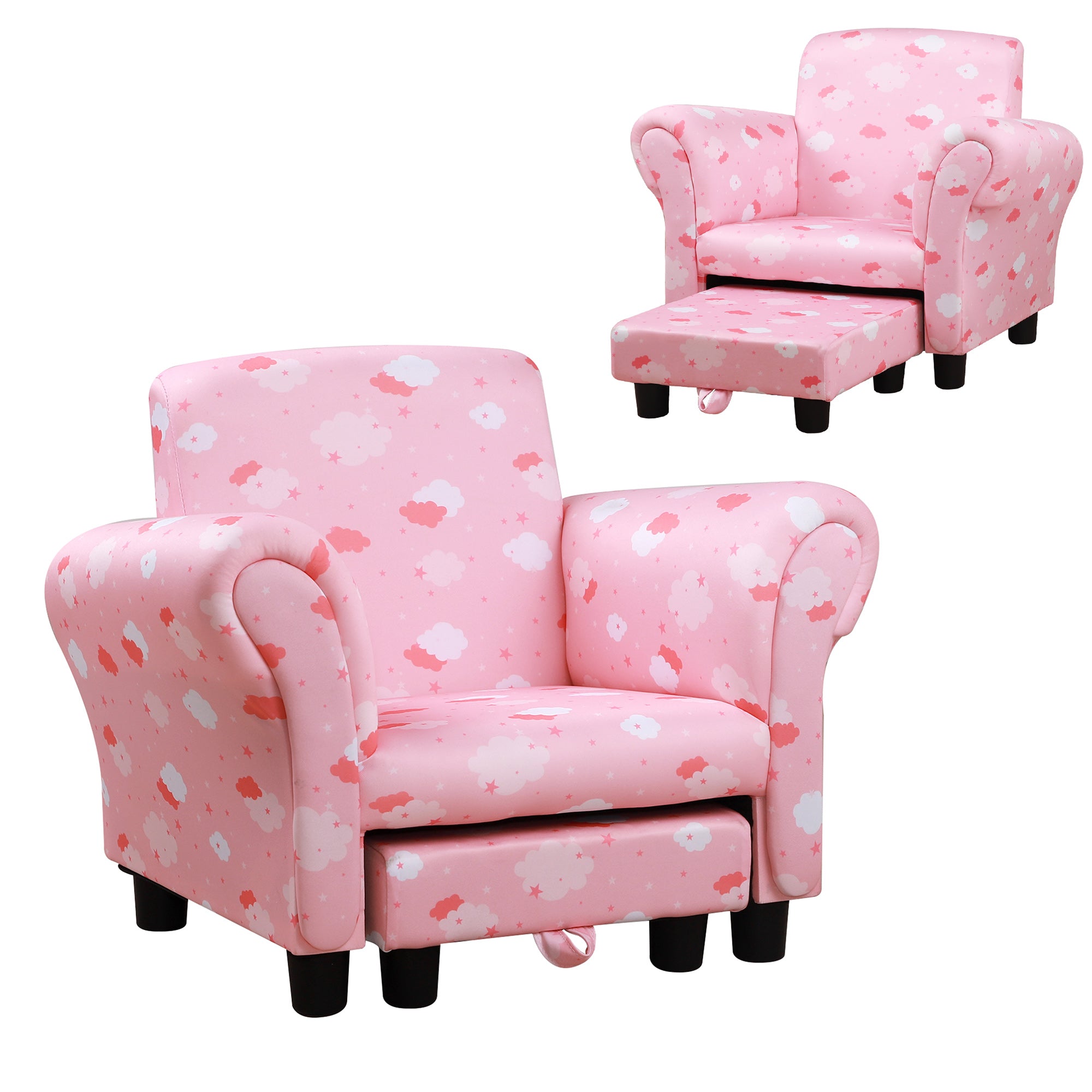 HOMCOM Cute Cloud Star Child Armchair Seat Wood Frame w/ Footrest Padding Pink  | TJ Hughes