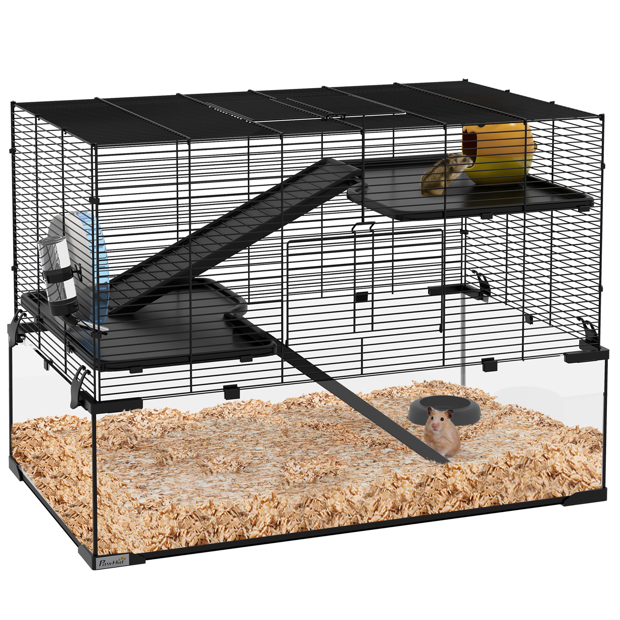 PawHut 3 Tiers Hamster Cage w/ Deep Glass Bottom - Dish - Hut - 78.5 x 48.5 x 57cm  | TJ Hughes