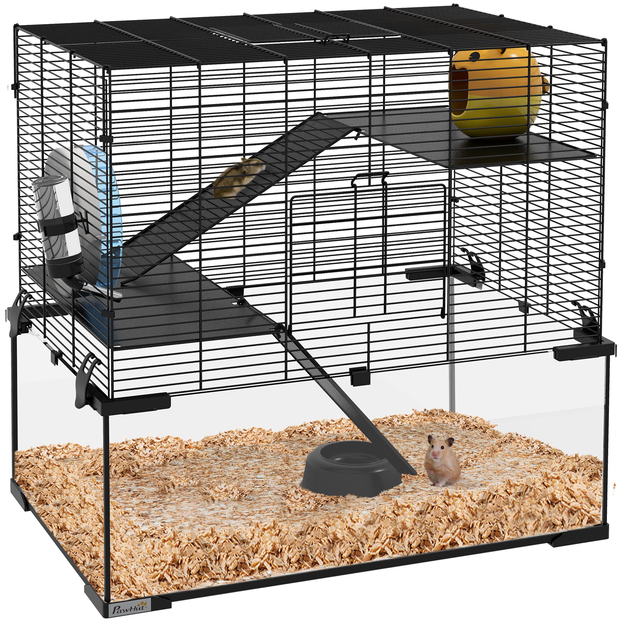 PawHut 3 Tiers Hamster Cage w/ Deep Glass Bottom - Dish - Hut - 60 x 40 x 57cm  | TJ Hughes