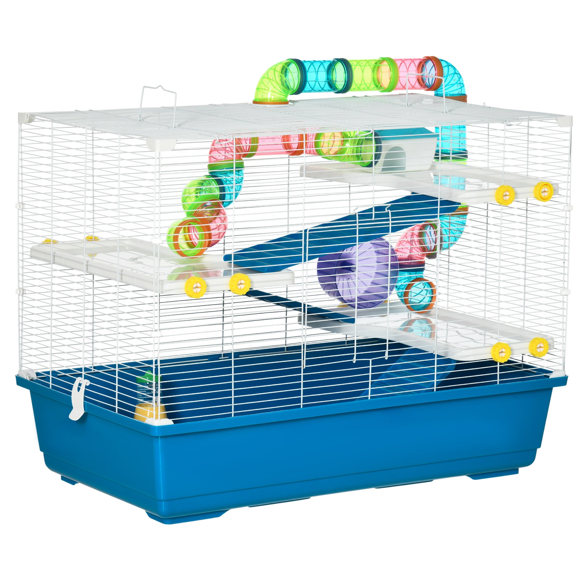 PawHut Large Hamster Cage w/ Water Bottle - Exercise Wheel - Ramps - Blue  | TJ Hughes