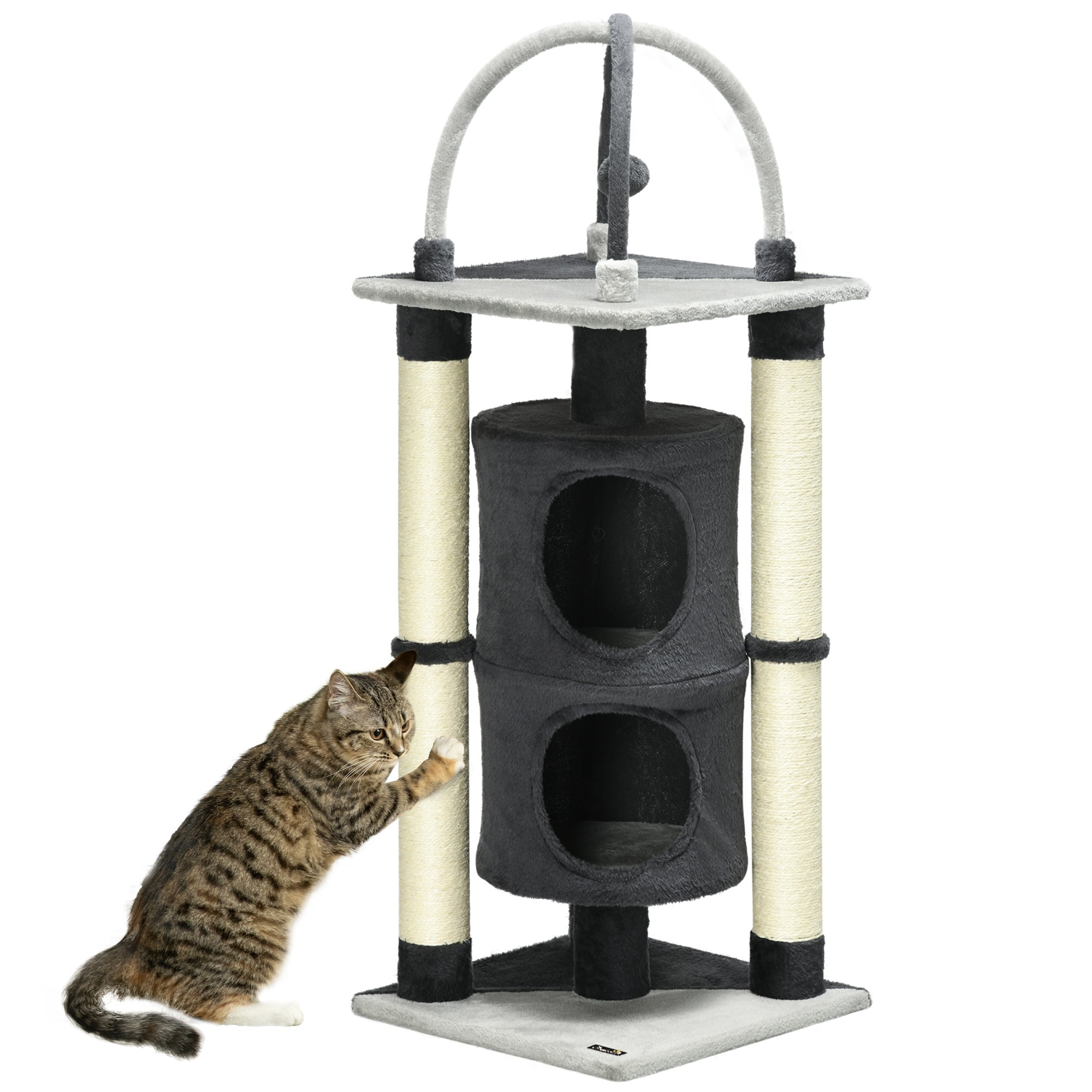 PawHut Cat Tree for Indoor Cats w/ Scratching Posts - Hammock - Toy Ball - Grey  | TJ Hughes