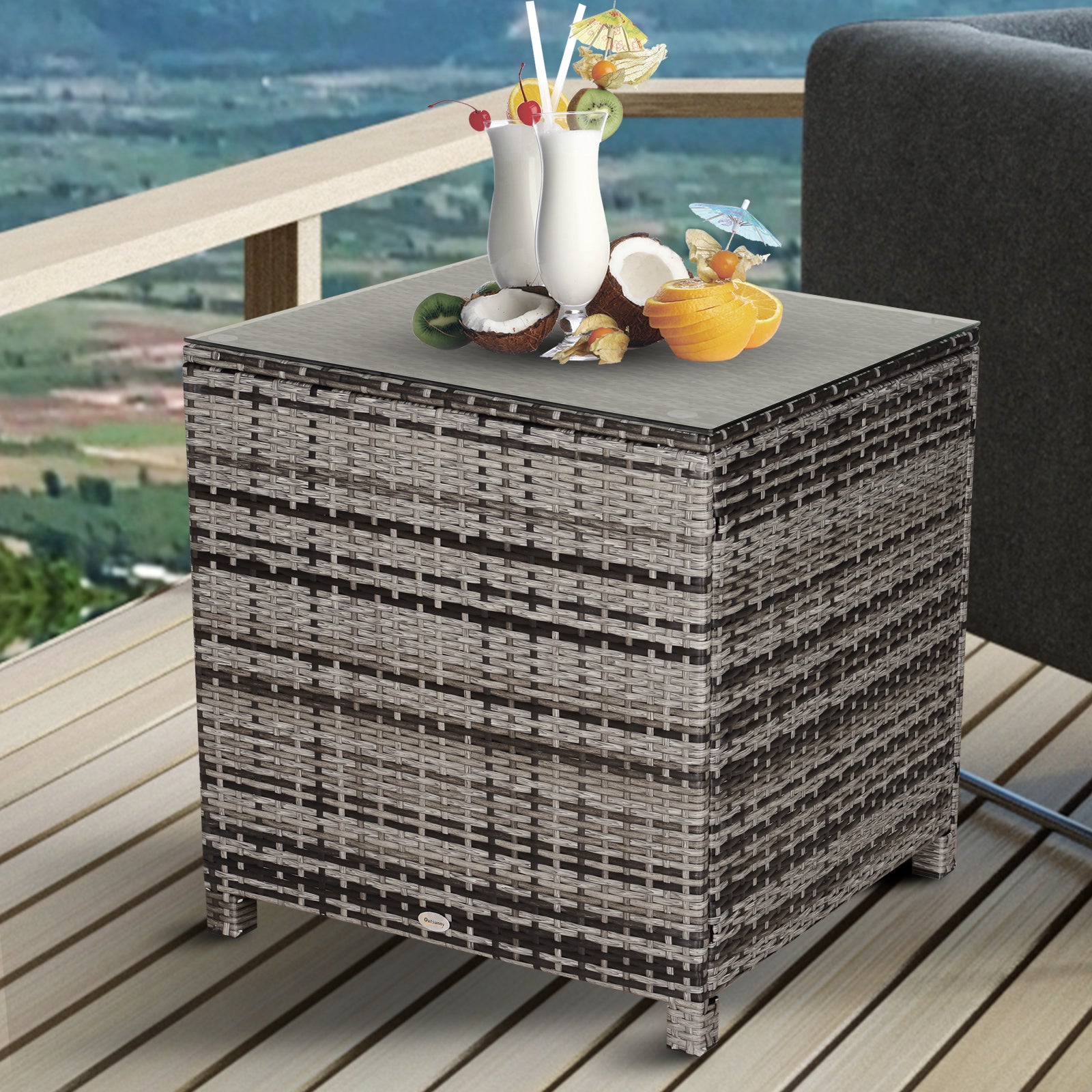 Outsunny Side Table Furniture Tempered Glass Garden Patio Wicker Mixed Grey  | TJ Hughes