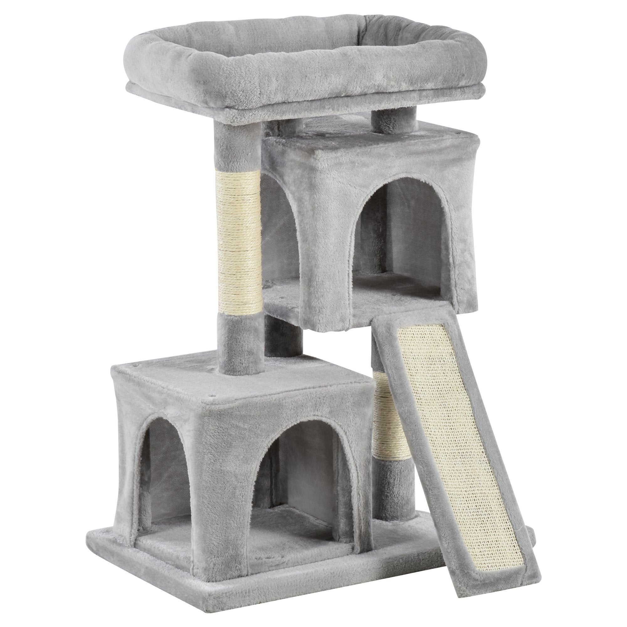 PawHut Cat Rest & Play Activity Tree w/ 2 House Perch Scratching Post Grey  | TJ Hughes