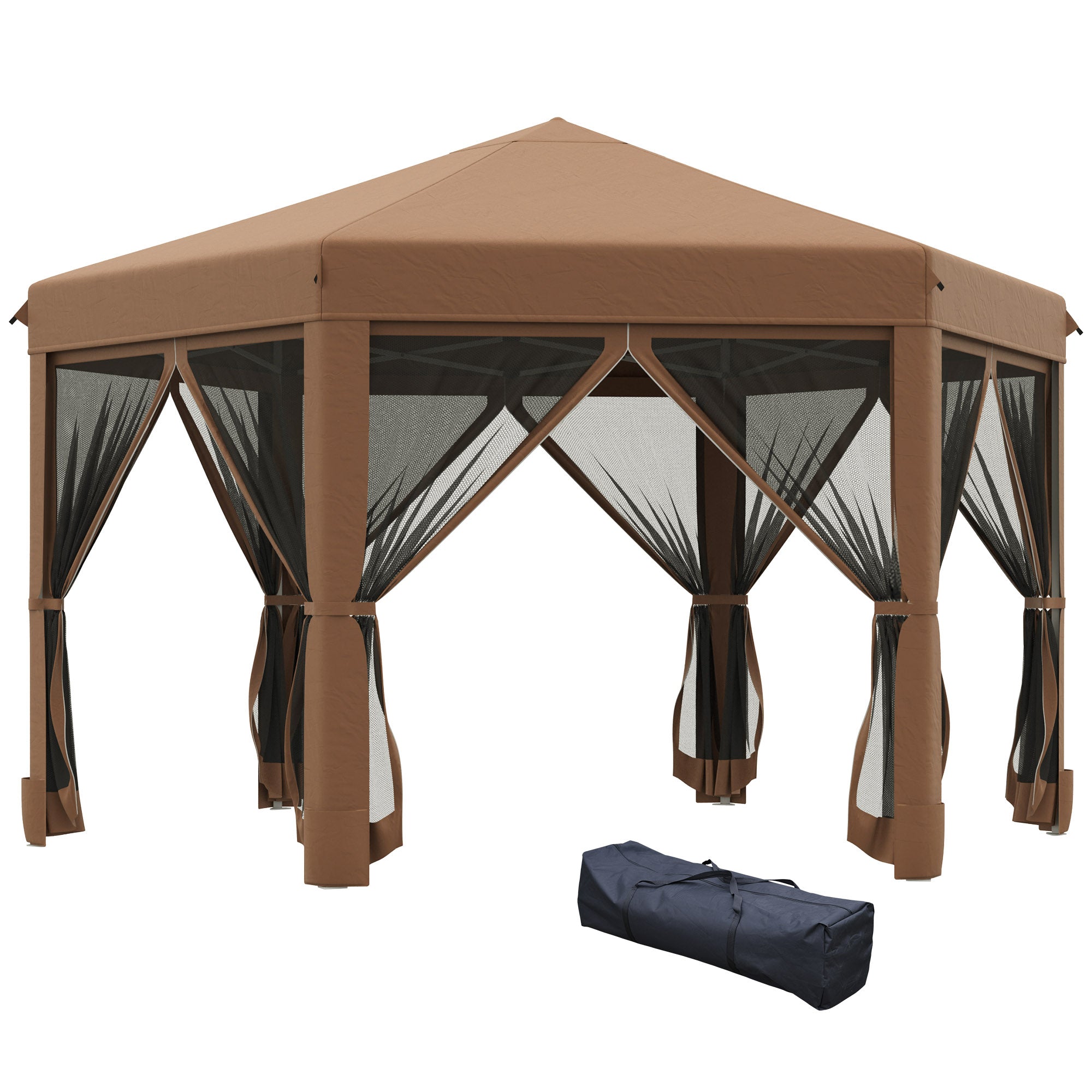 Outsunny 3.2m Pop Up Gazebo Hexagonal Canopy Tent Outdoor w/Sidewalls Brown  | TJ Hughes