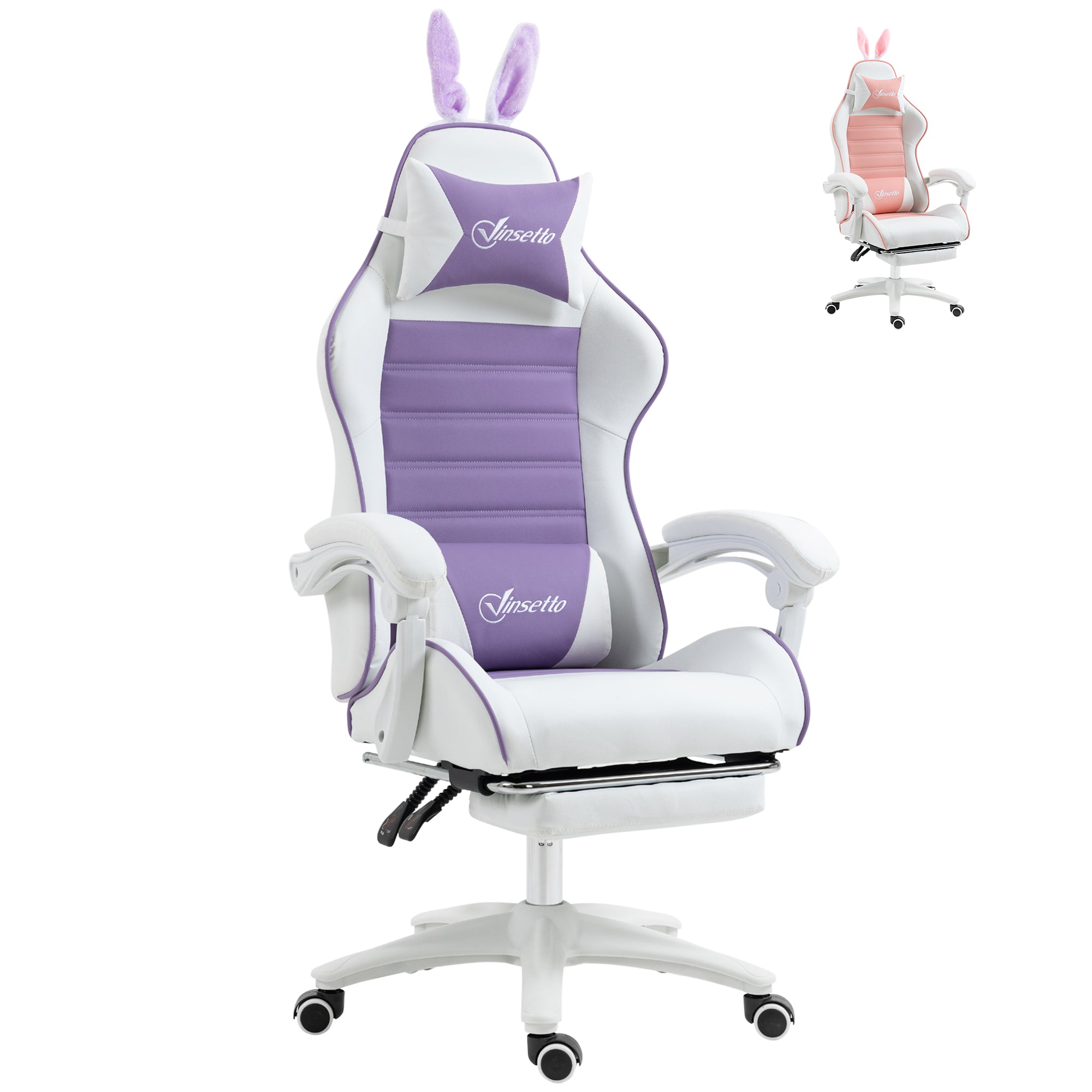 Vinsetto Racing Style Gaming Chair with Footrest Removable Rabbit Ears - Purple  | TJ Hughes