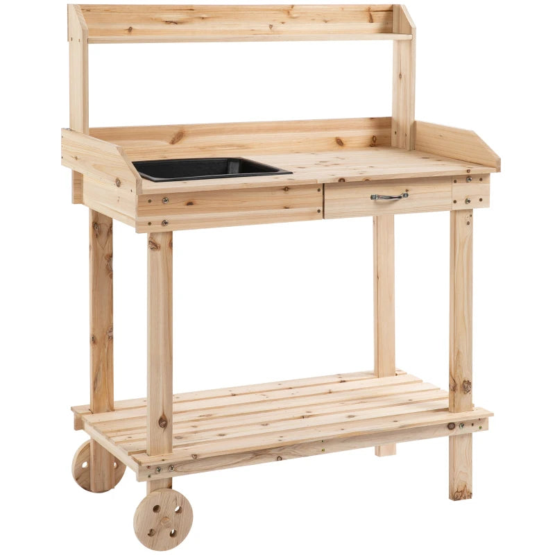 Outsunny Wooden Potting Bench Work Table with 2 Removable Wheels - Sink - Drawer & Large Storage Spaces - 92x45x119cm  | TJ Hughes