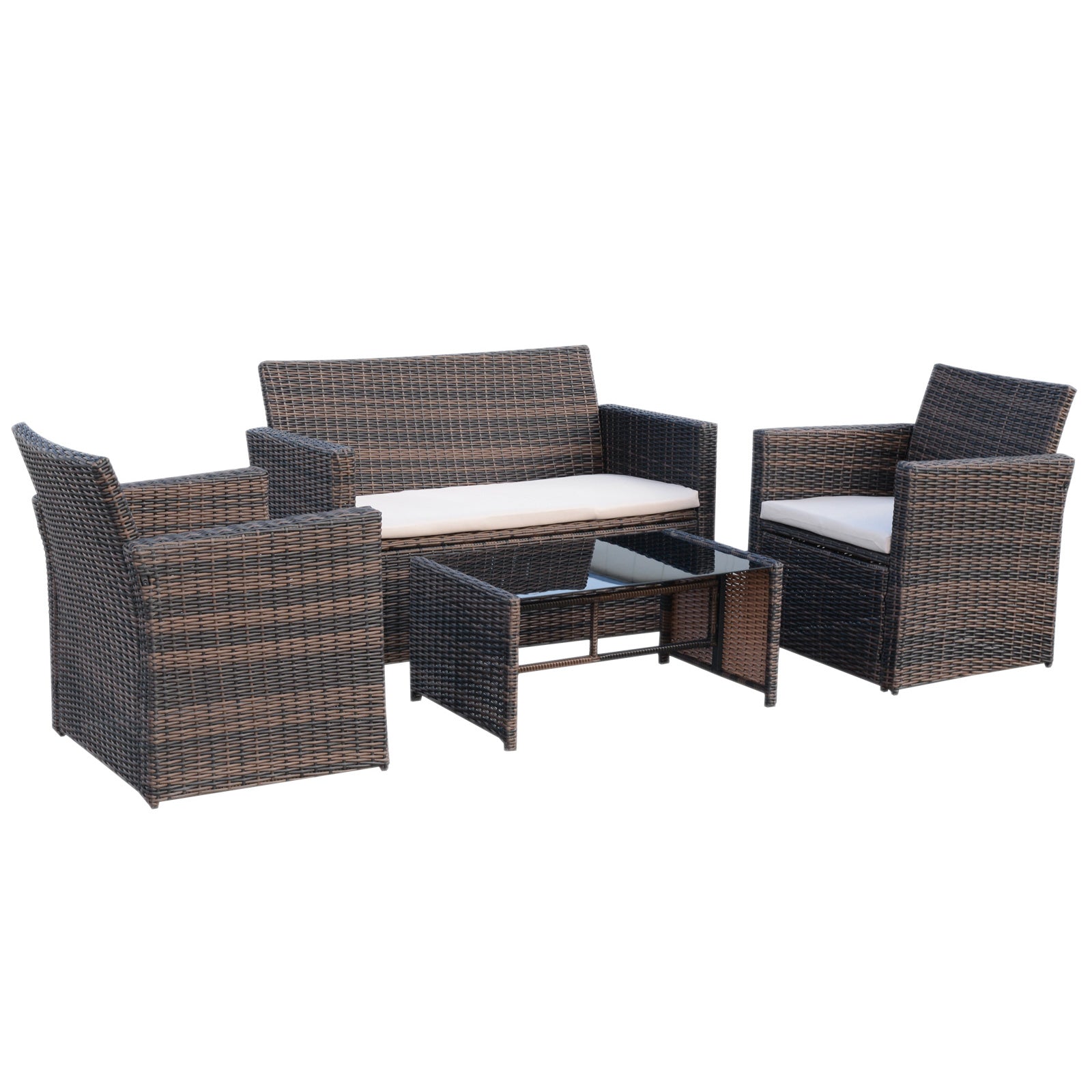 Outsunny 4pc Patio Garden Rattan Wicker Sofa 2-Seater Loveseat Chair Table Brown  | TJ Hughes