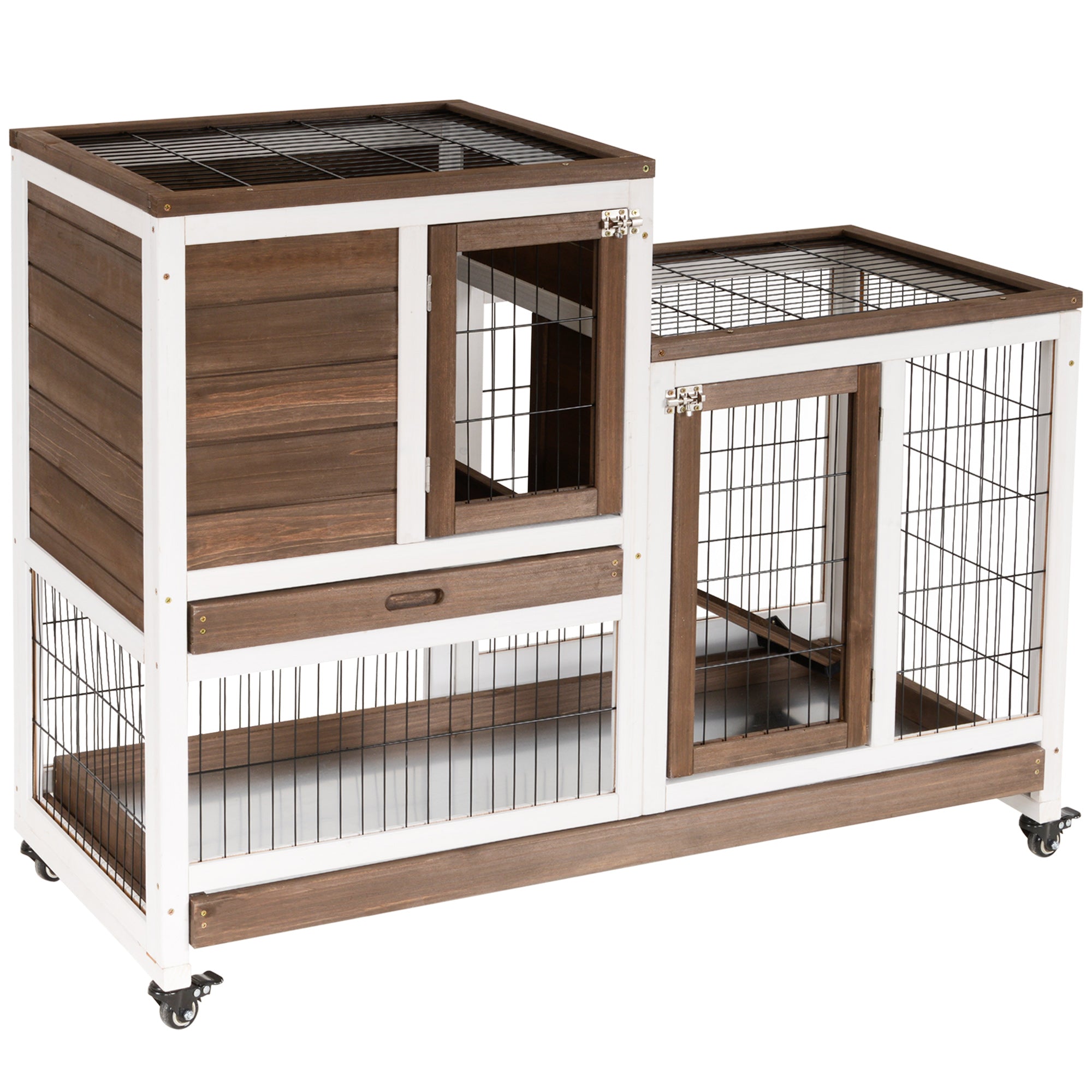PawHut Wooden Indoor Rabbit Hutch Elevated Bunny Cage with Enclosed Run W/ Wheel  | TJ Hughes