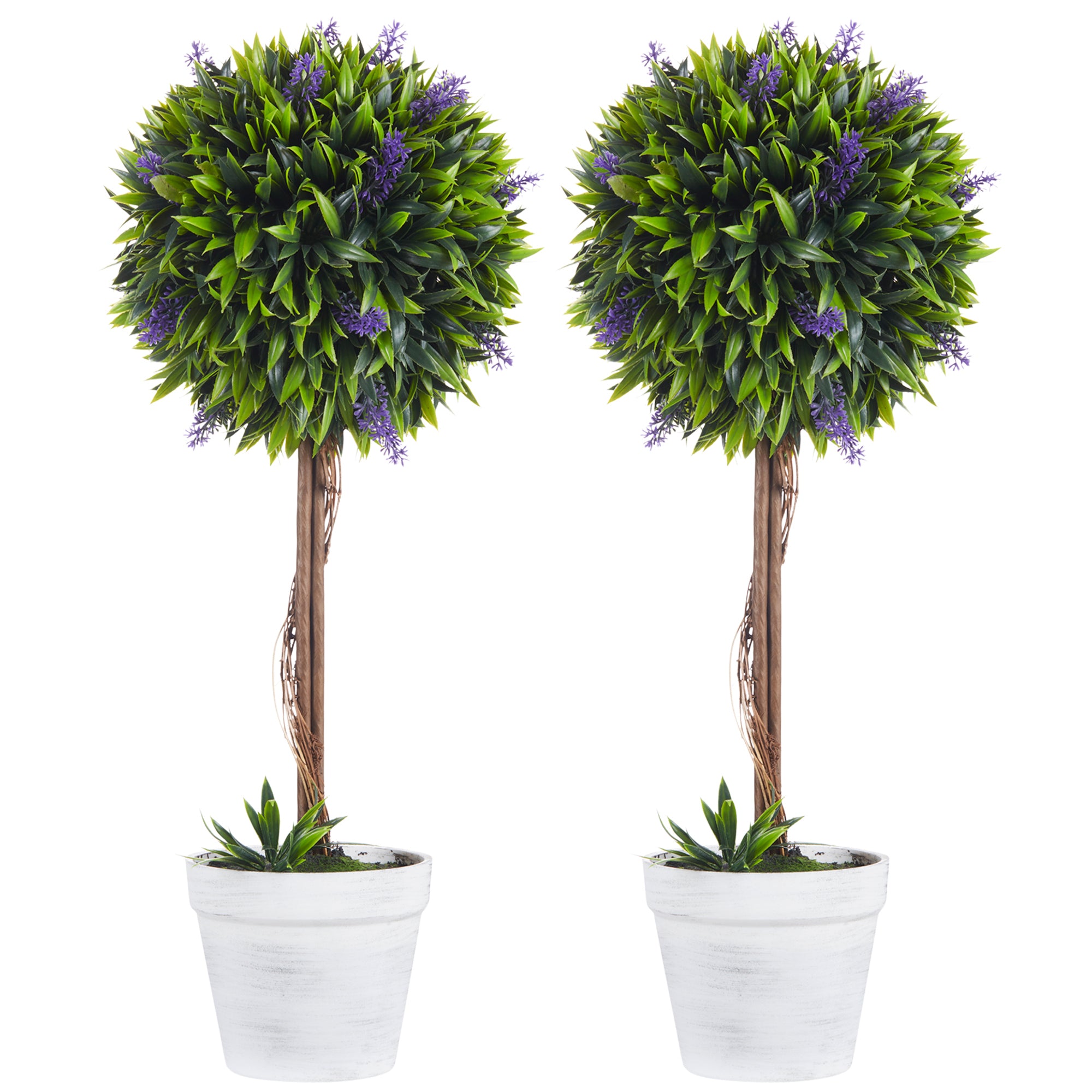 HOMCOM Set of 2 Potted Artificial Plants Ball Tree with Lavender Flowers - 60cm  | TJ Hughes