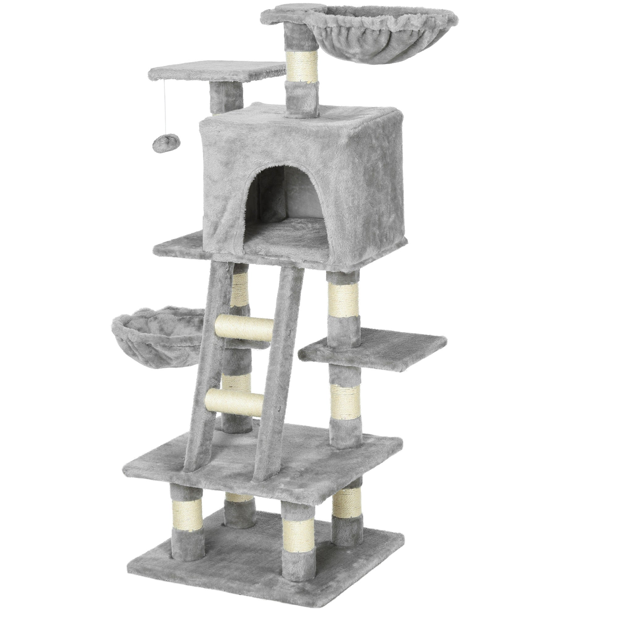 PawHut 125cm Multi-Activity Cat Tree w/ House Baskets Ladder Scratch Post Grey  | TJ Hughes