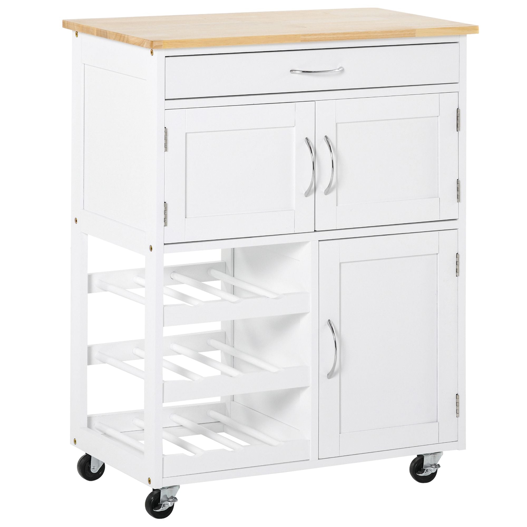 HOMCOM Rolling Kitchen Island Trolley Storage Cart with Rubberwood Top Wine Rack  | TJ Hughes