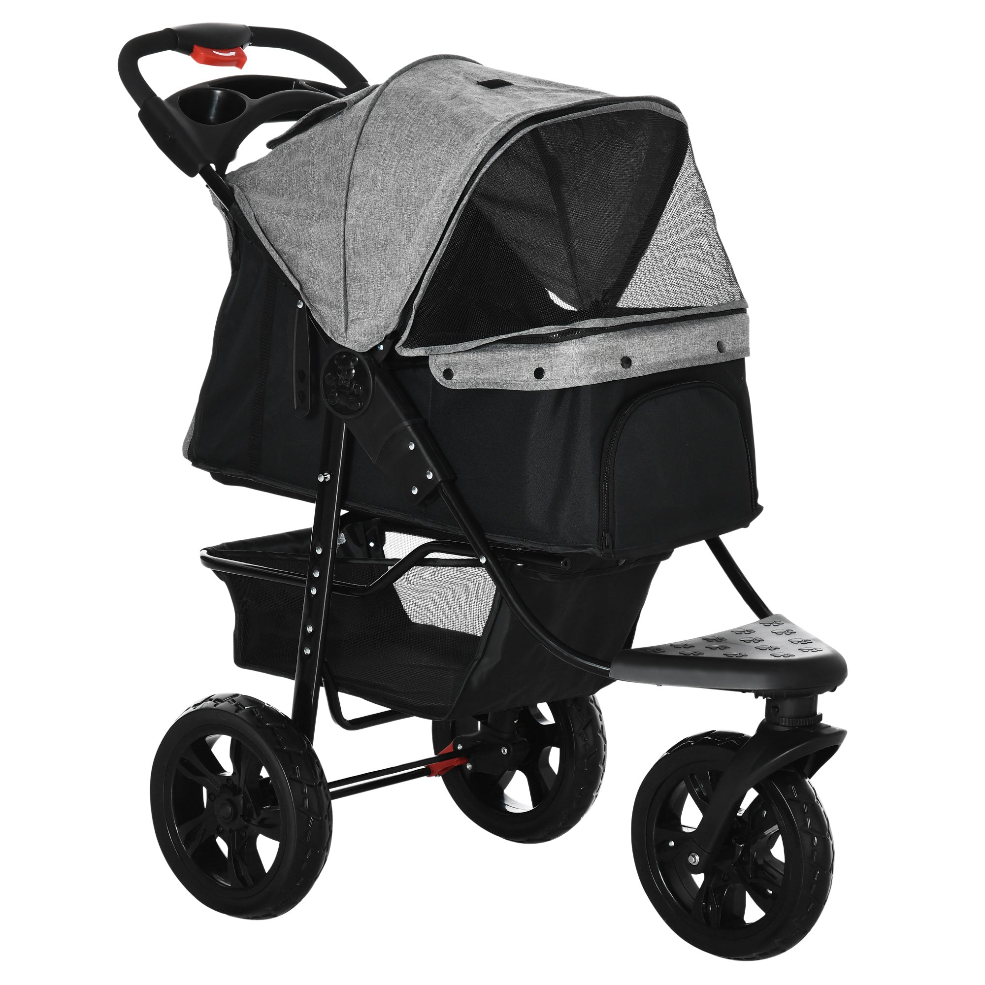 PawHut Folding 3 Wheel Pet Stroller Travel Adjustable Canopy Storage Brake Grey