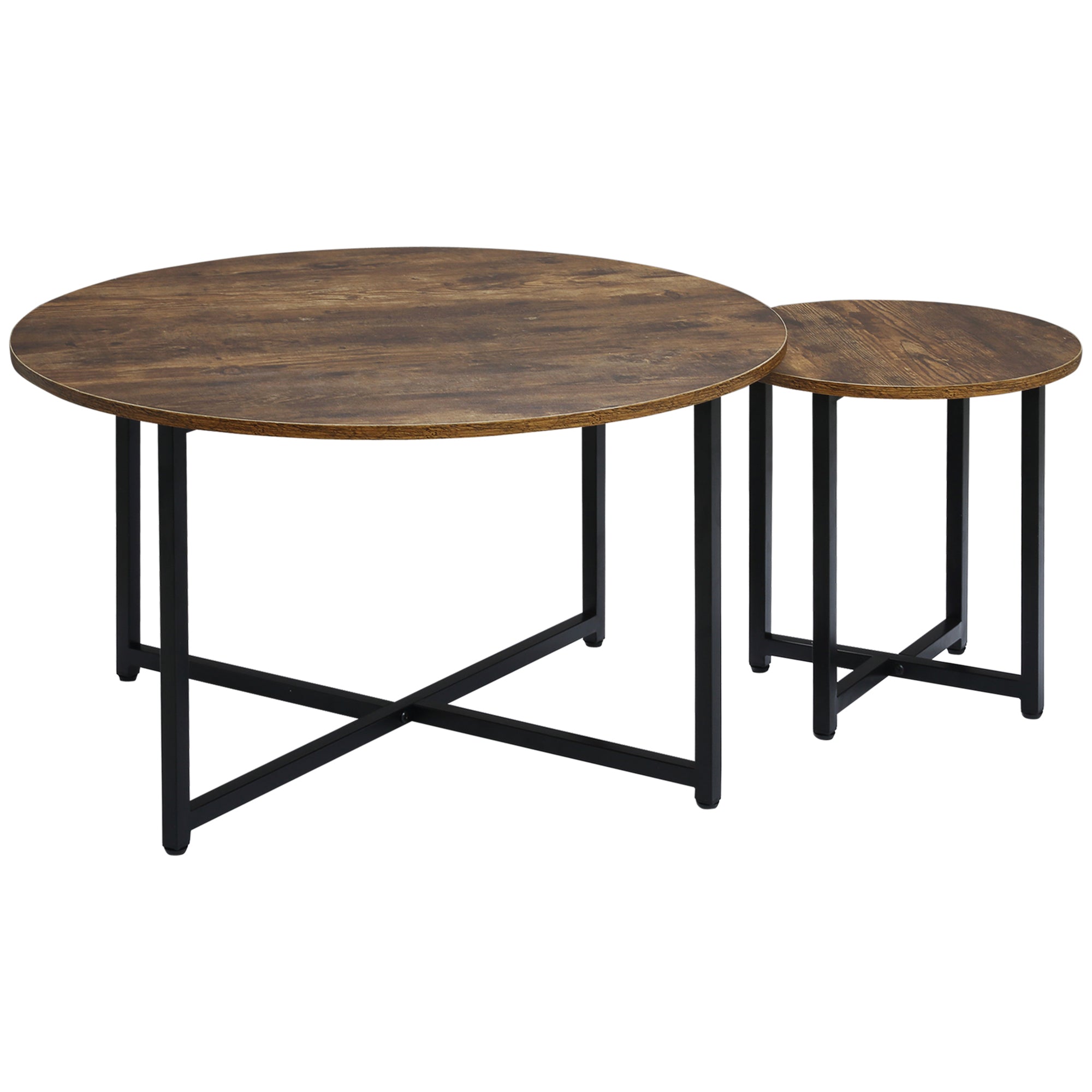 HOMCOM 2 Pcs Round Coffee Table with Metal Frame Side Accent Tables Brown  | TJ Hughes