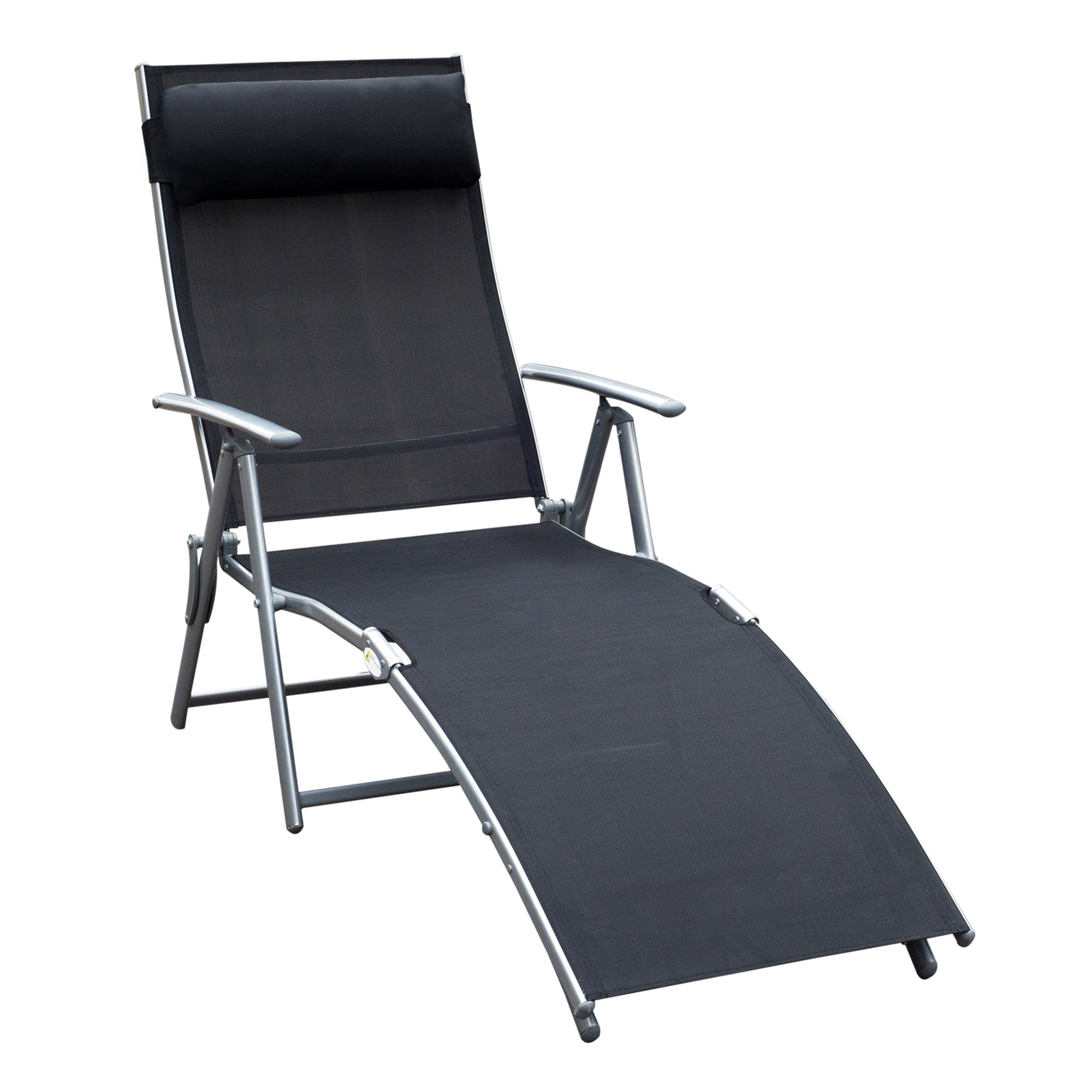 Outsunny Sun Lounger Recliner w/ Pillow Foldable 7 Levels Textilene Black  | TJ Hughes