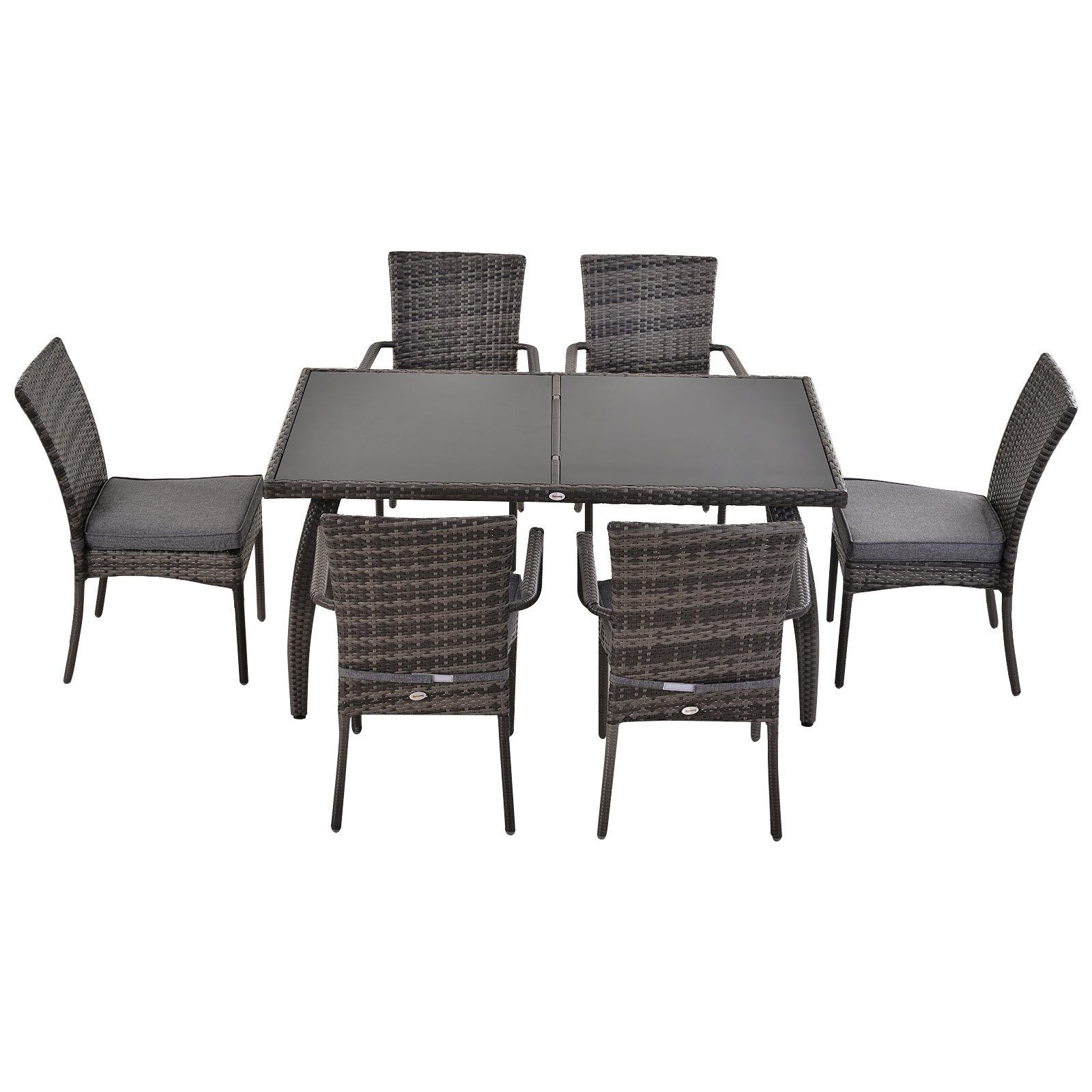 Outsunny 7PC Rattan Dining Set Patio Chair Glass Top Table Wicker Furniture Grey  | TJ Hughes