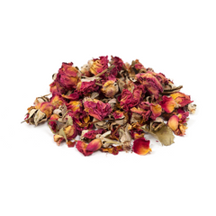 loose rose petals tea on white background