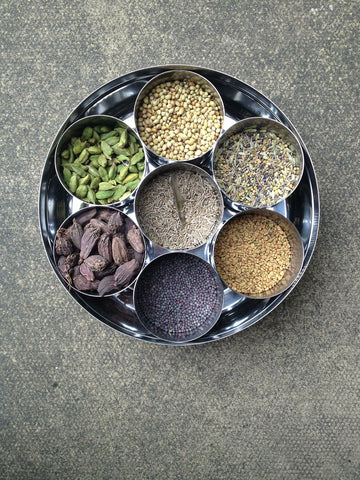 indian spice box with various spices including cumin, fenugreek and cardamom