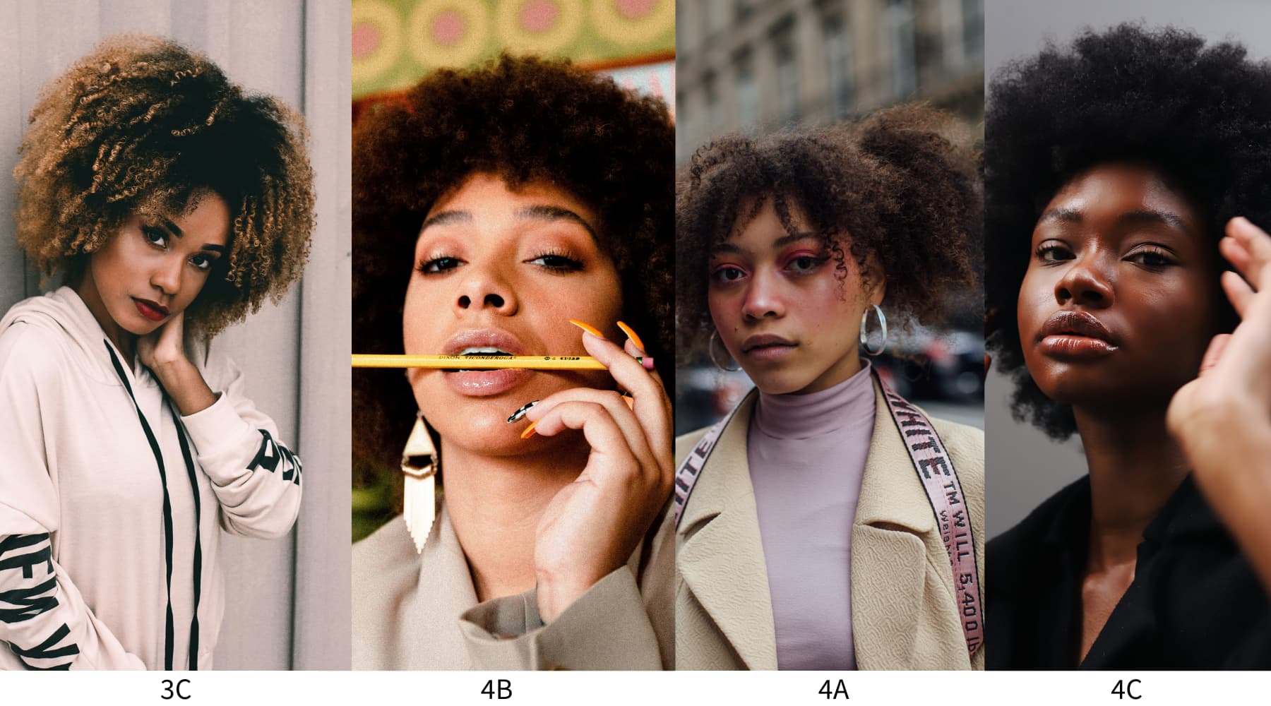 Portraits de 4 femmes noires avec 4 types de cheveux crépus différents. Type de cheveu afro 3C, type 4A, type 4B et type 4C.