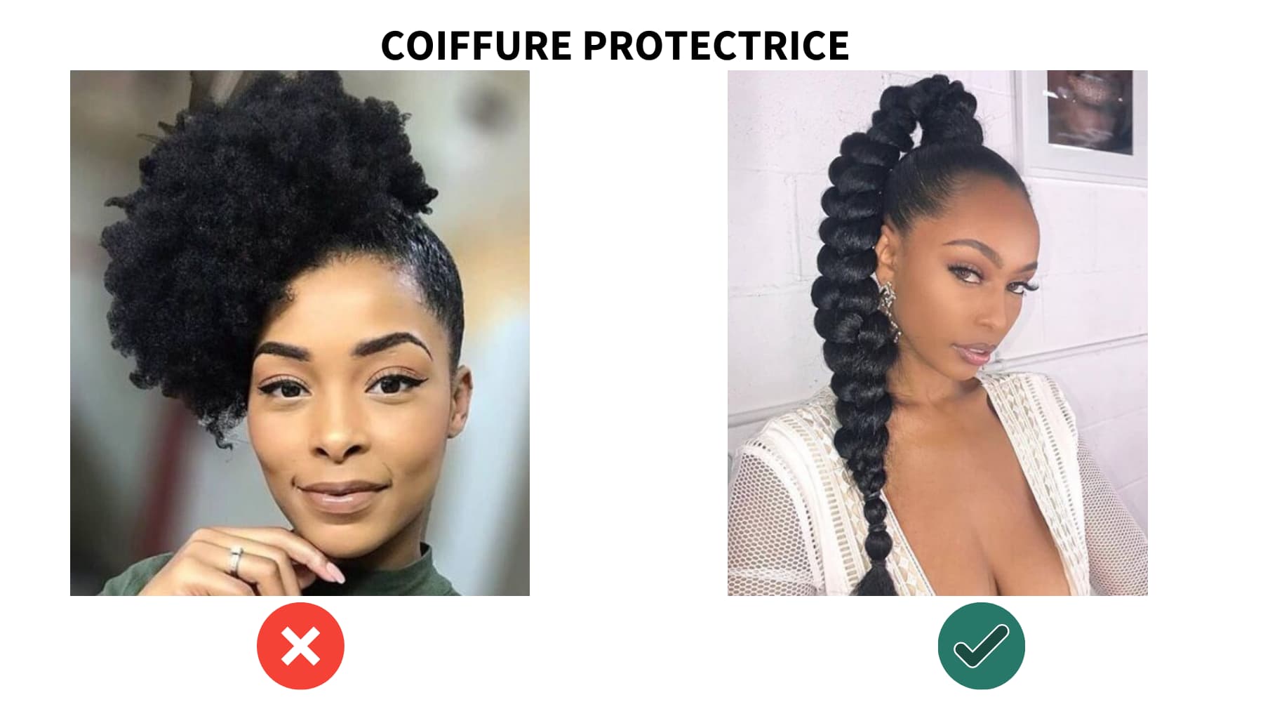 coiffure cheveux crépus: 2 femmes portes une coiffure cheveux crépus. La femme de gauche porte un afro puff. La femme de droite porte une ponytail qui est une coiffure protectrice par Saison des Pluies marque de soins capillaires naturels pour cheveux afros crépus à bouclés