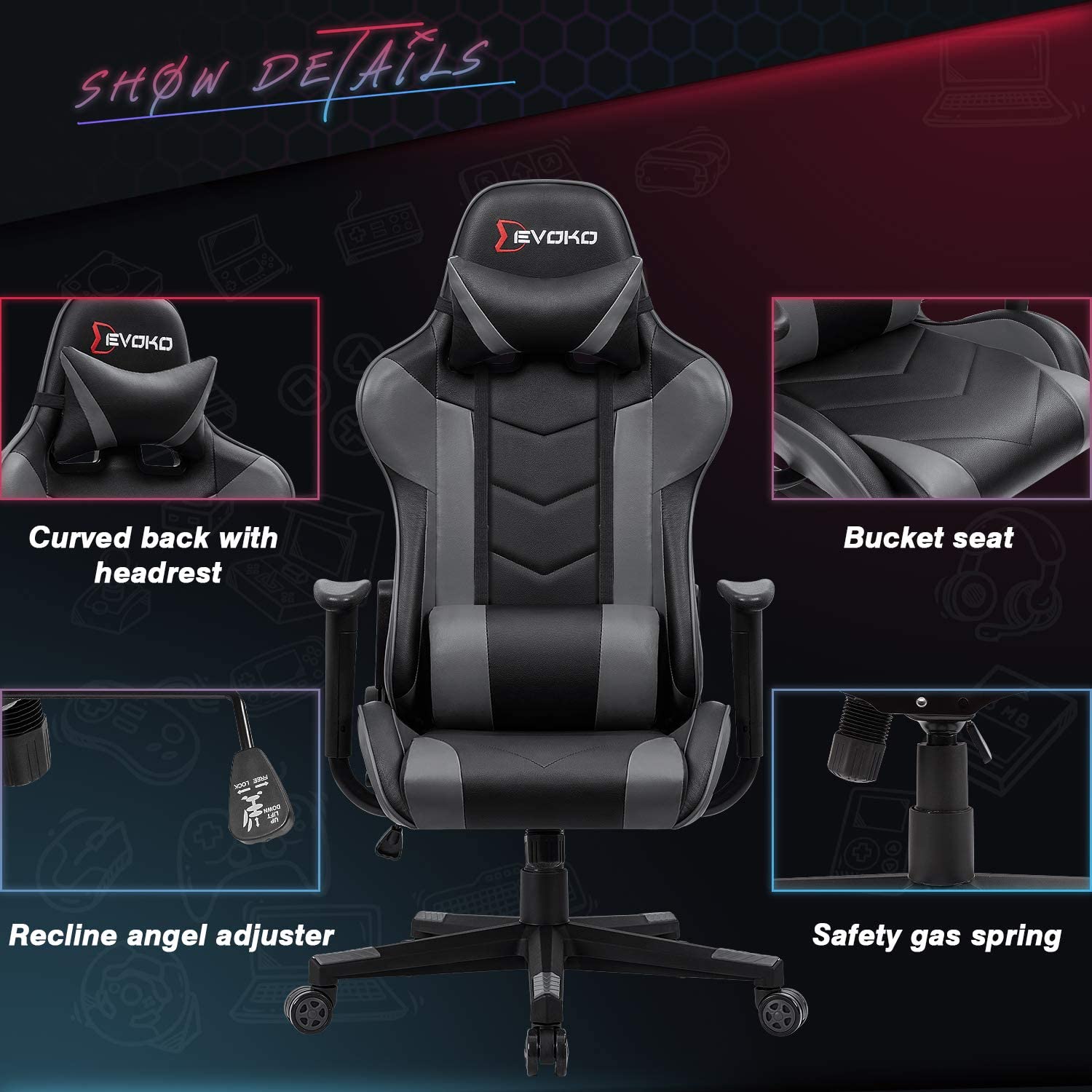 Homall Gaming Chair Racing Style Ergonomic Adjustable Height High-Back ...