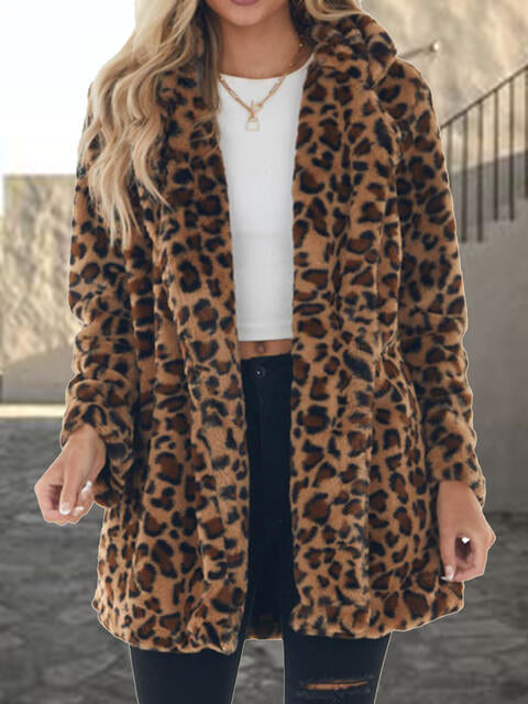 Chic Leopard Collared Neck Coat with Pockets - Unleash Your Wild Side