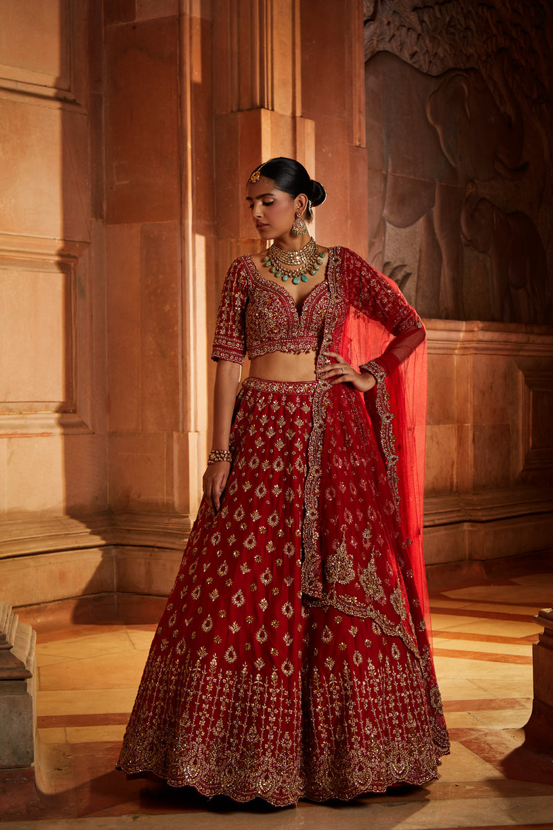 Blood Red Raw Silk Bridal Lehenga Choli Set with Tulle Dupatta ...