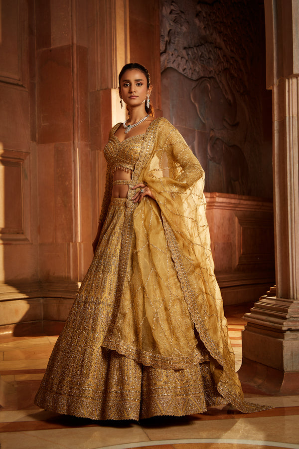 Net Gown Lehenga Dupatta Golden Bridal Dress Pakistani Online – Nameera by  Farooq