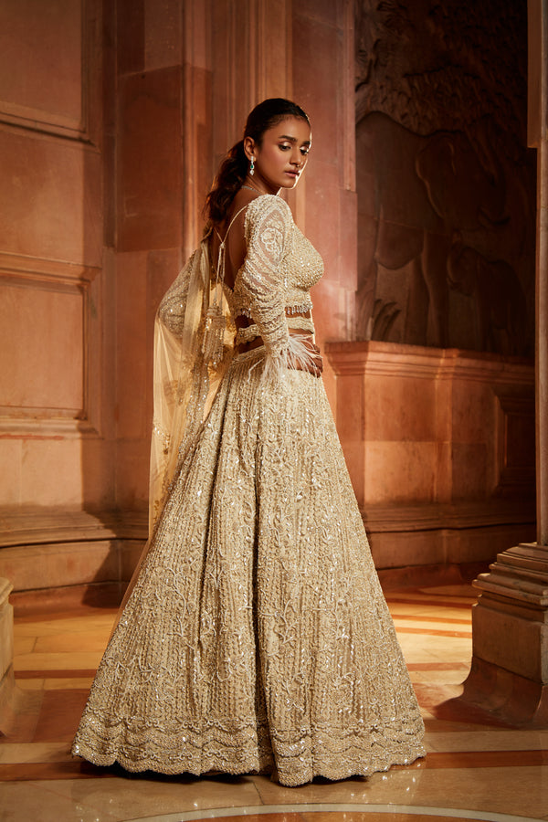 Ivory Tulle Lehenga Choli Dupatta Set with an Optional Veil