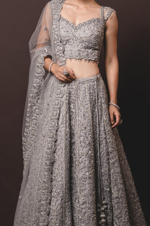 SILVER GREY LEHENGA SET WITH 3D CUTWORK AND GEOMETRICAL PATTERNS