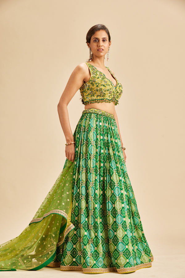 Photo of lime green and gold lehenga with coral dupatta | Engagement dress  for bride, Engagement dresses, Fashion