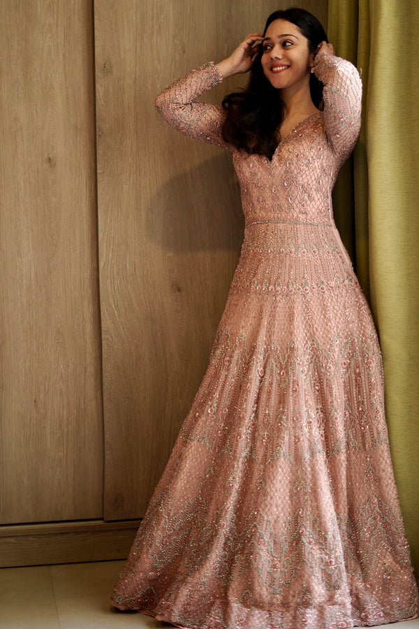 Pink Printed Casual Gown With Dupatta And Belt - Lotus Lehenga Choli
