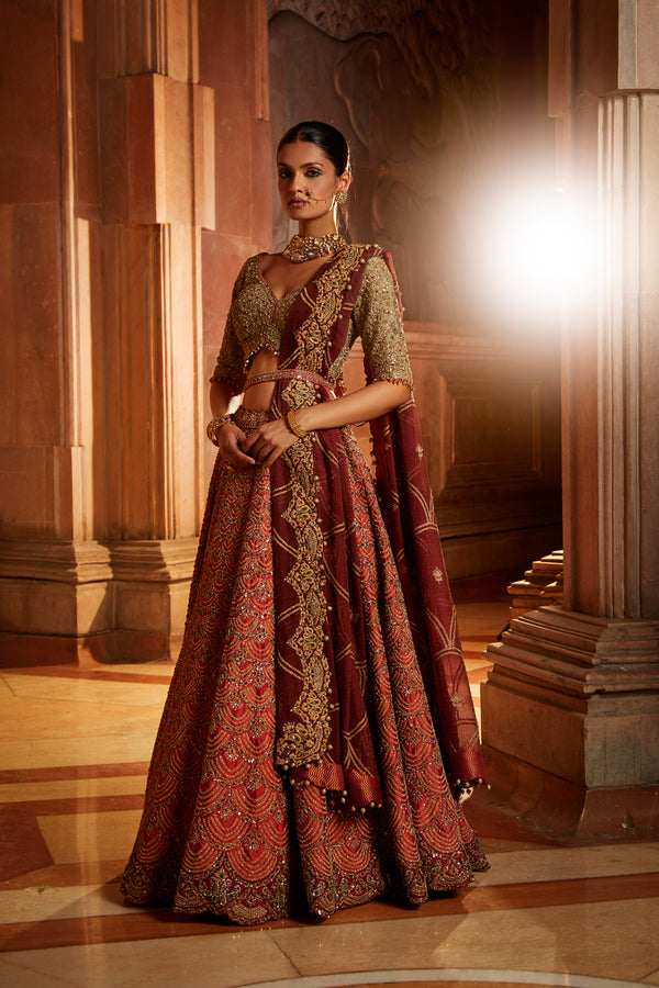 Buy Gold Satin V Neck Embellished Bridal Lehenga Set For Women by Adaara  Couture Online at Aza Fashions.