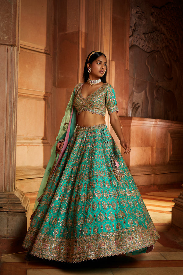 Teal Green Organza Lehenga Choli Dupatta Set