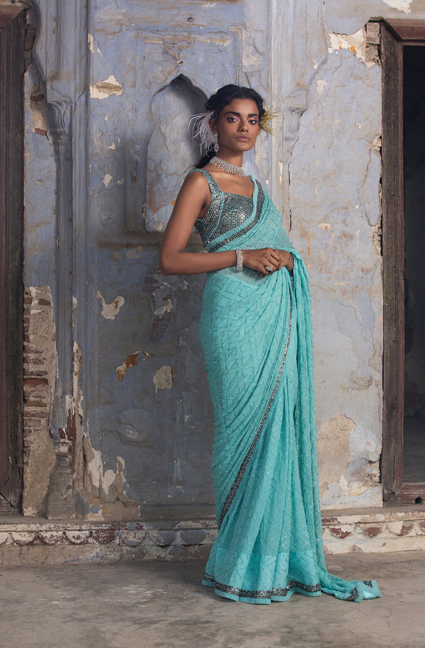 Dinner Party Saree/aqua Blue Saree/transparent Chiffon/designer Saree/minimalist  Saree/ Designer Saree/ White Lace Border/soiree Saree/ - Etsy