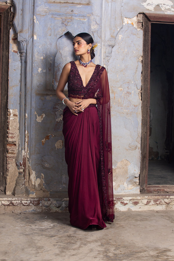 Strawberry Red Satin Saree – Nitika Gujral