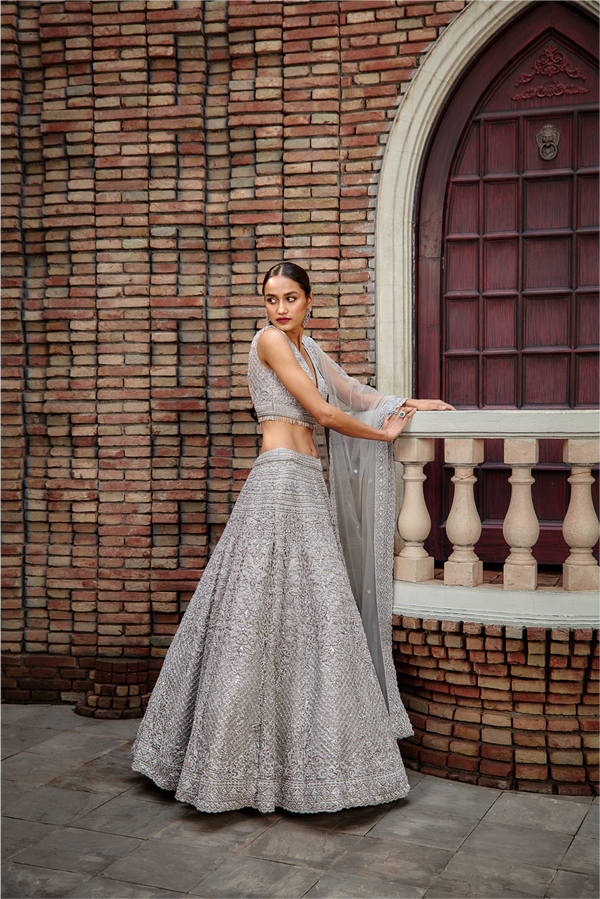 Buy Wedding Wear Grey Mirror Work Mono Net Lehenga Choli Online From Surat  Wholesale Shop.