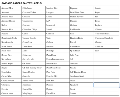 pantry label list, custom kitchen pantry labels, personalised custom kitchen pantry labels - love and labels