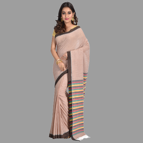 Roxyma Women's Khadi Cotton Saree With Stripe & Contrast  Pallu