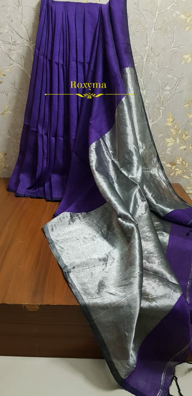 Exclusive Handwoven Linen Cotton Saree with Contrast Silver/Copper Pallu