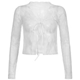 HEYounGIRL White Lace Sexy Mesh Cropped T Shirt Ladies Autumn Grunge Gothic T-shirt Women See Through Long Sleeve Tee Shirts