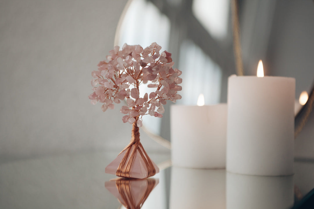 LOVE AND TENDERNESS - ROSE QUARTZ FENG SHUI CRYSTAL TREE WITH PYRAMID BASE