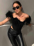 JacuqeLine 2022 Sexy Off Shoulder Y2K Feathers Corset Top Women Summer Sleeveless Elegant Lady Camis Tube Crop Top Club Party