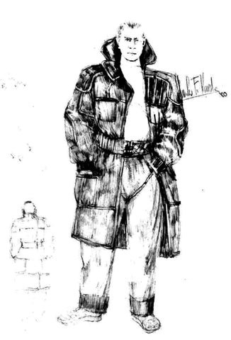 Concept drawing of the coat for the replicant Roy Batty by Charles Knode