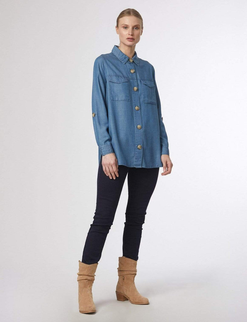 Denim Shirt with Rolled-Up Sleeves - Shuuk Wholesale