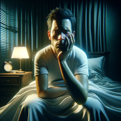une personne assise dans son lit à moitié endormie, capturant la lutte contre l'insomnie dans un décor nocturne apaisant.