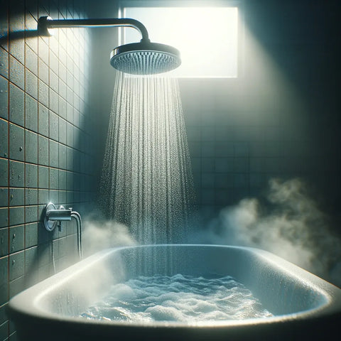 Photographie d'une pomme de douche pulvérisant de l'eau dans une baignoire vide, créant une atmosphère de vapeur apaisante pour aider à se rendormir.