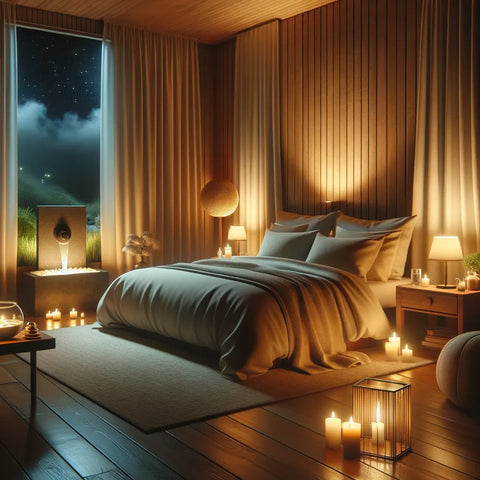Chambre adulte paisible avec éclairage doux, bougies parfumées et fontaine d'eau, idéale pour une routine du coucher relaxante et sensorielle.