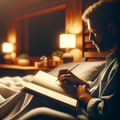 Image réaliste d'une routine nocturne pour adultes, capturant une personne écrivant pensivement dans un journal intime dans une chambre chaleureuse et apaisante, illustrant l'introspection et la détente avant le sommeil.